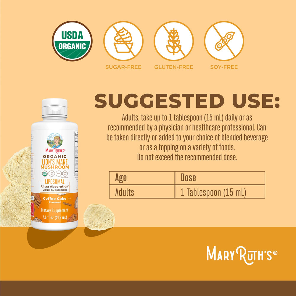 MaryRuth Organics Lion's Mane Liposomal droplets dispense into a glass for easy intake