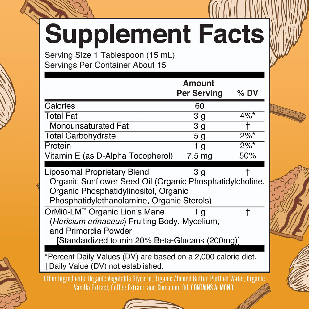 MaryRuth Organics Lion's Mane Liposomal label close-up showing organic credentials