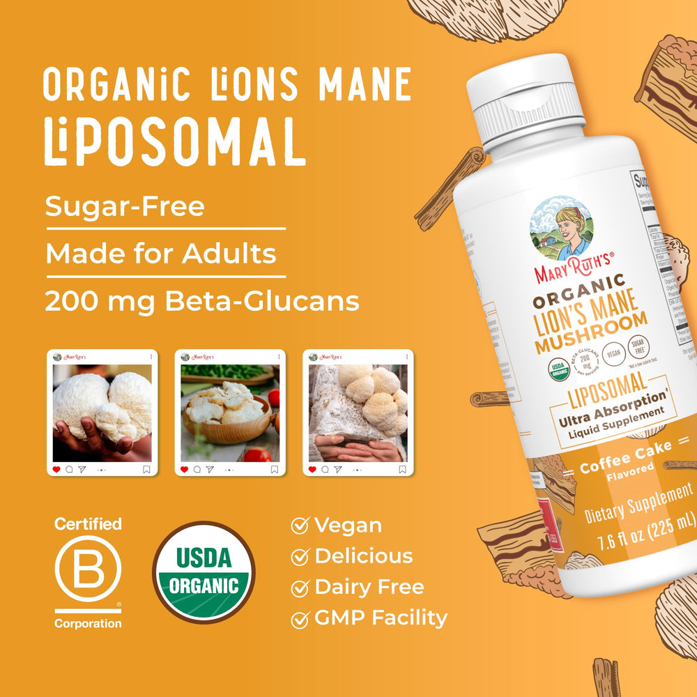 MaryRuth Organics Lion's Mane Liposomal bottle resting beside a wellness setup