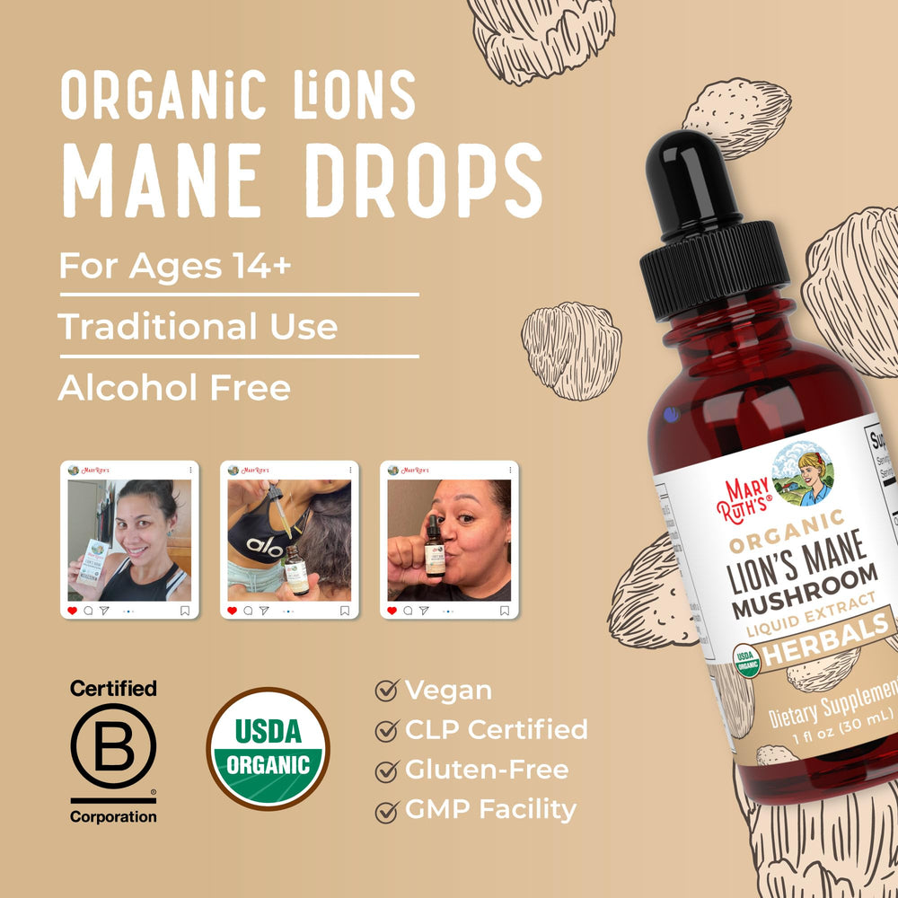 MaryRuth Organics Lions Mane USDA Organic seal on packaging
