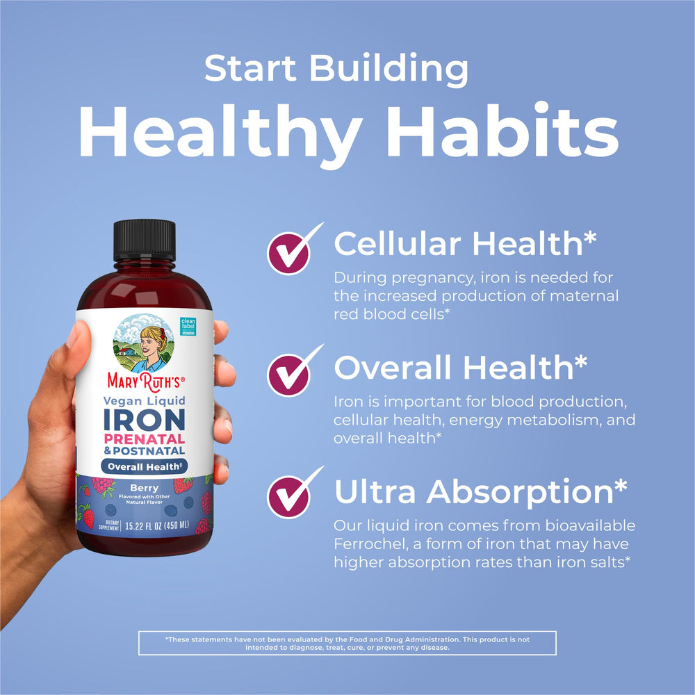 Glass of MaryRuth Organics Liquid Iron ready to be consumed during daily routine