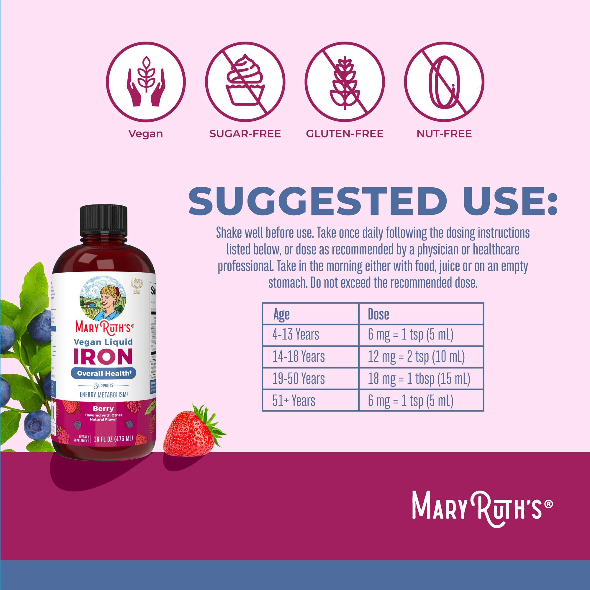 MaryRuth Organics liquid iron for kids dosing ages four and up.