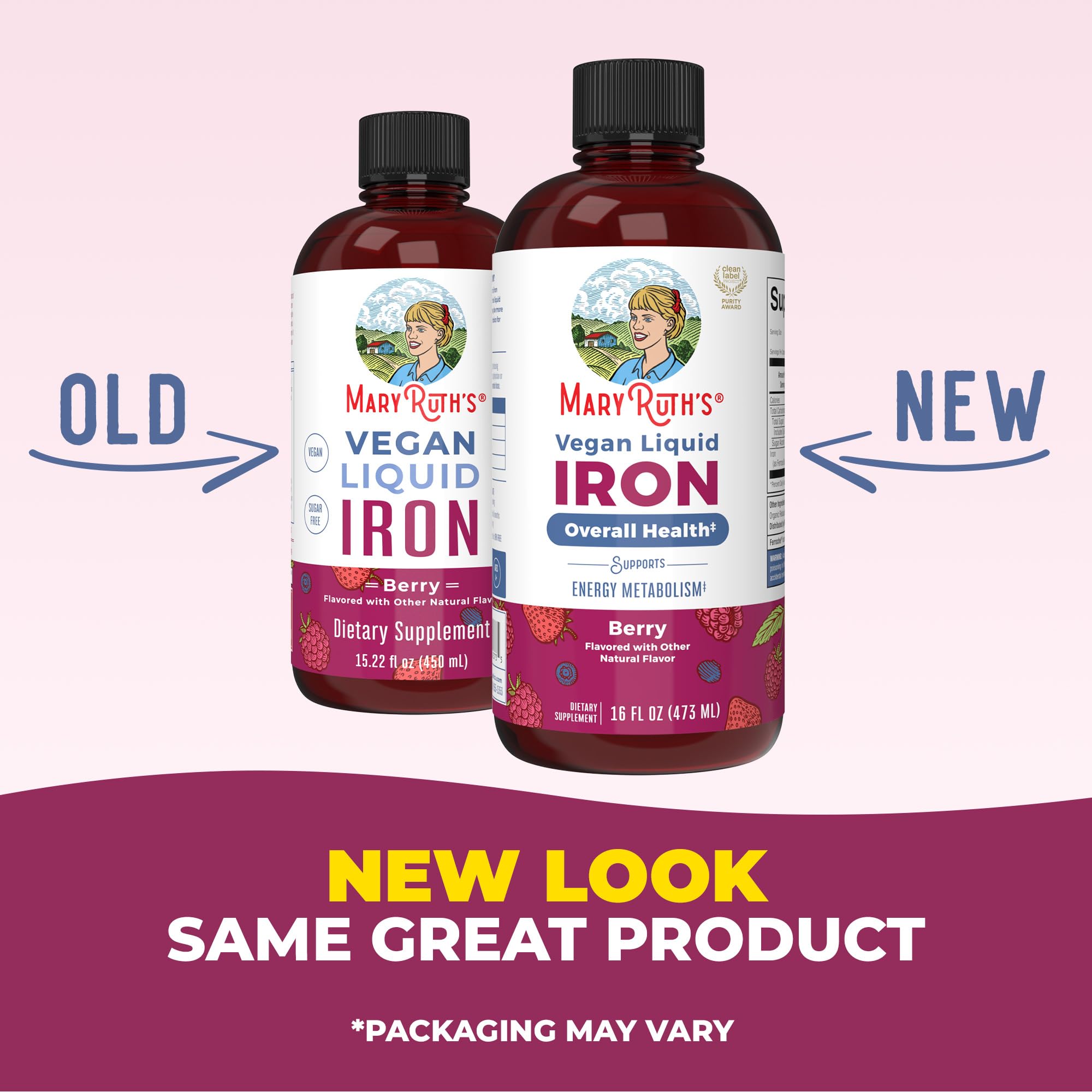 MaryRuth Organics liquid iron beside a glass, easy to mix into drinks.