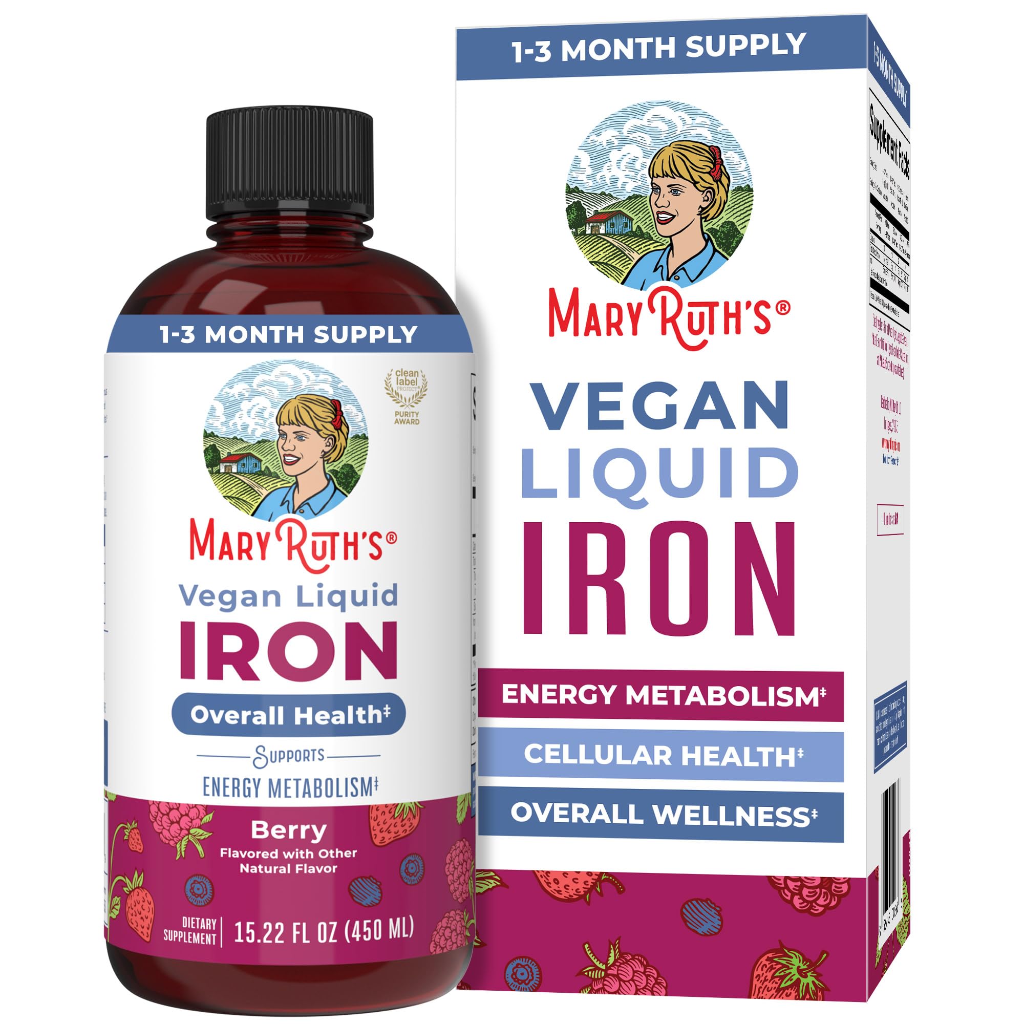 MaryRuth Organics liquid iron supplement bottle showing sugar-free, vegan formula.