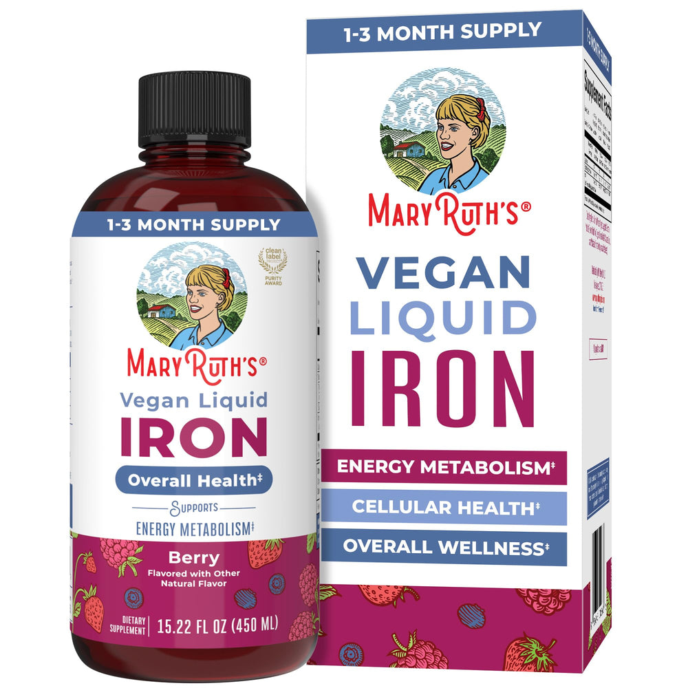 MaryRuth Organics liquid iron supplement bottle showing sugar-free, vegan formula.