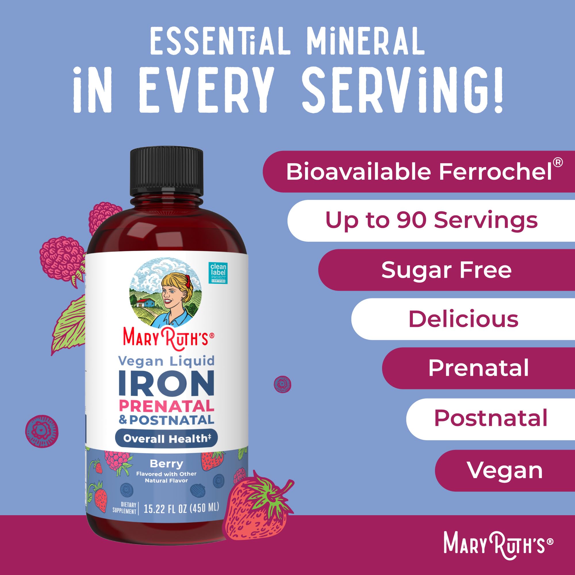 Non-GMO and allergen-friendly icons accompany MaryRuth Organics Liquid Iron
