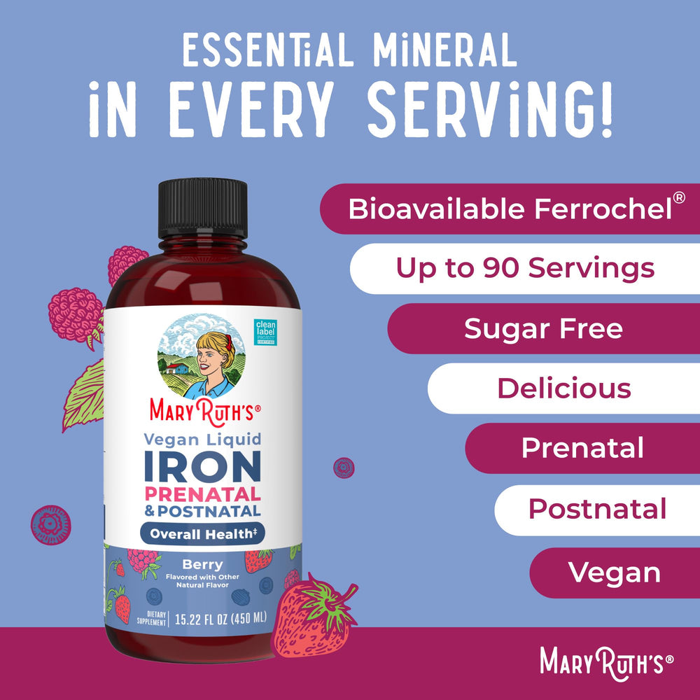 Non-GMO and allergen-friendly icons accompany MaryRuth Organics Liquid Iron
