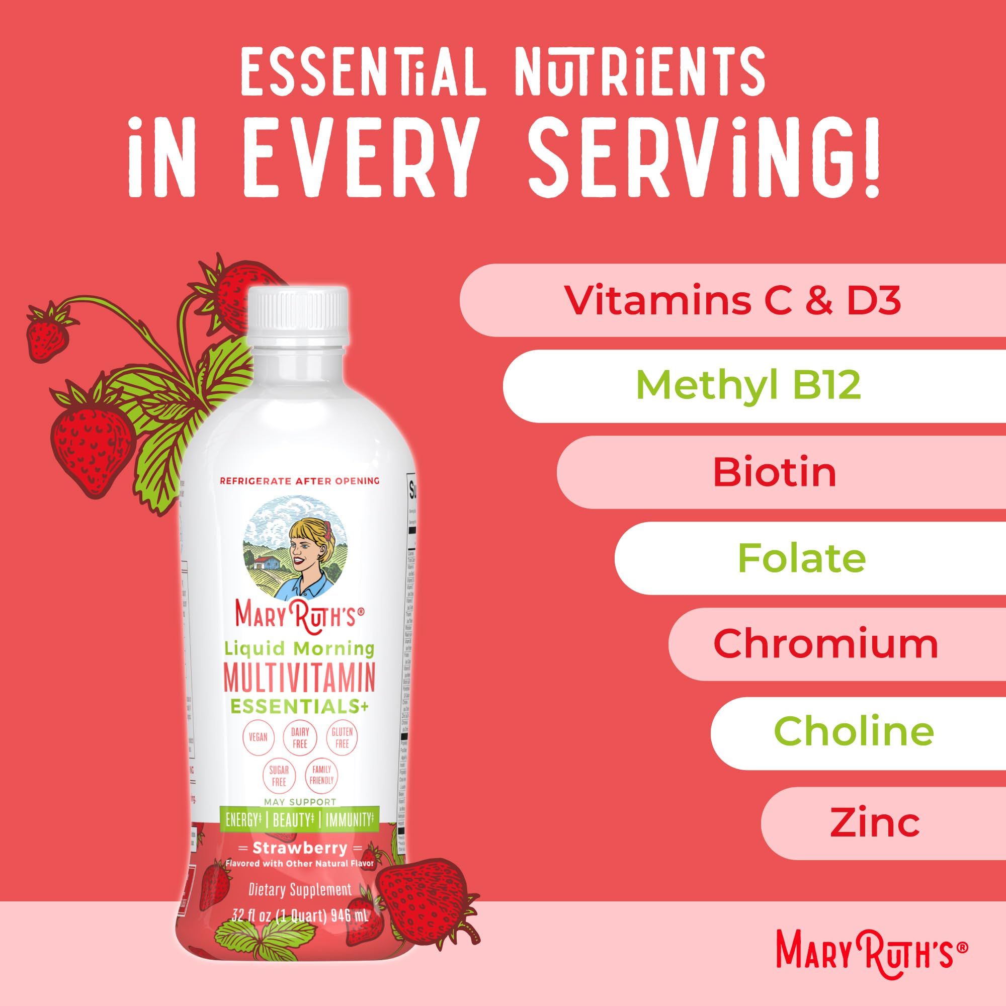 MaryRuth Organics bottle label featuring B vitamins and energy support