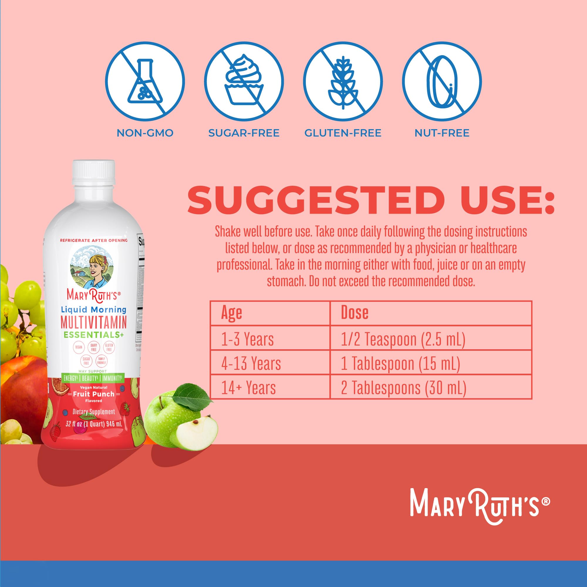 Strawberry flavor label close-up on MaryRuth bottle.
