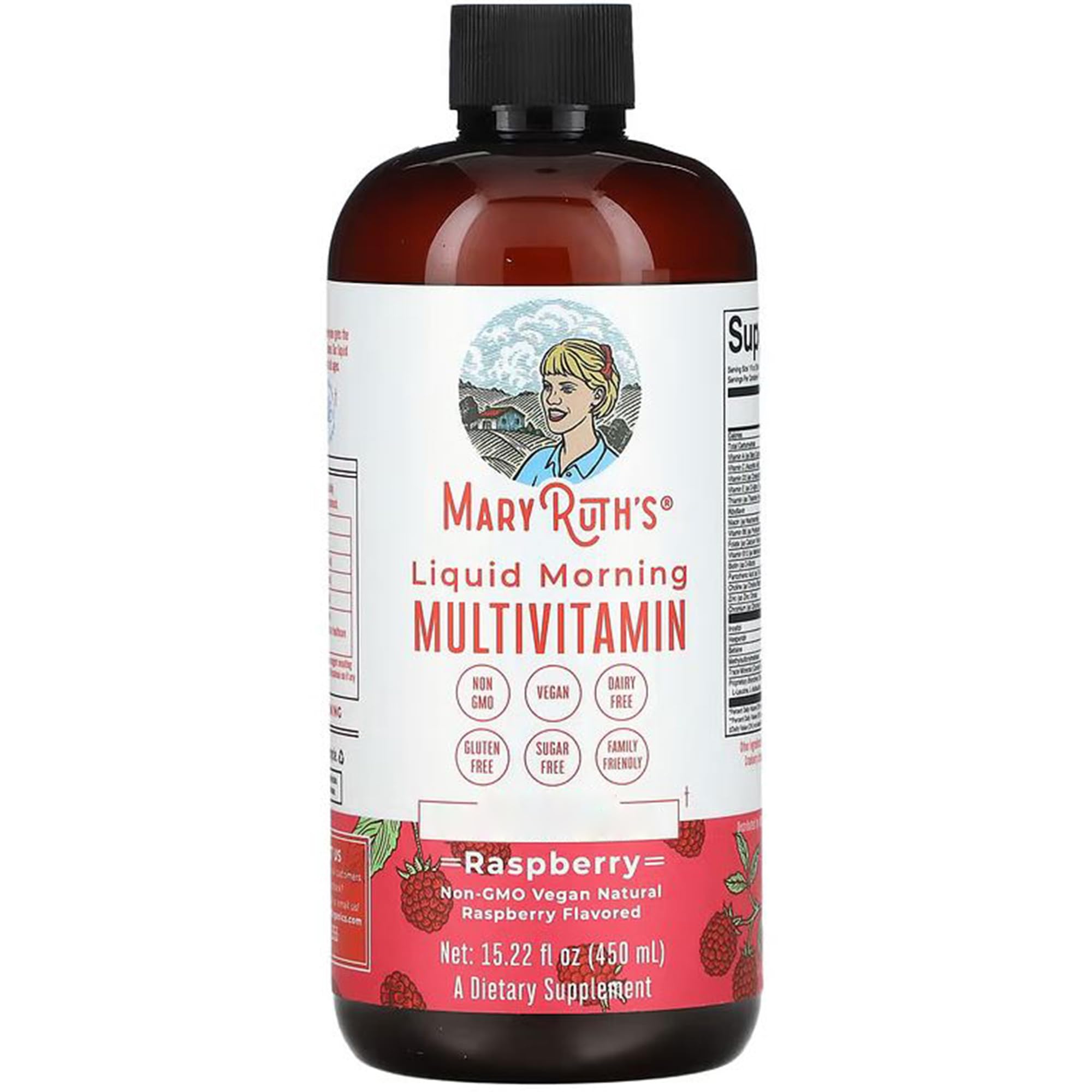 MaryRuth Organics liquid multivitamin bottle pour supports daily nutrient intake for the whole family.