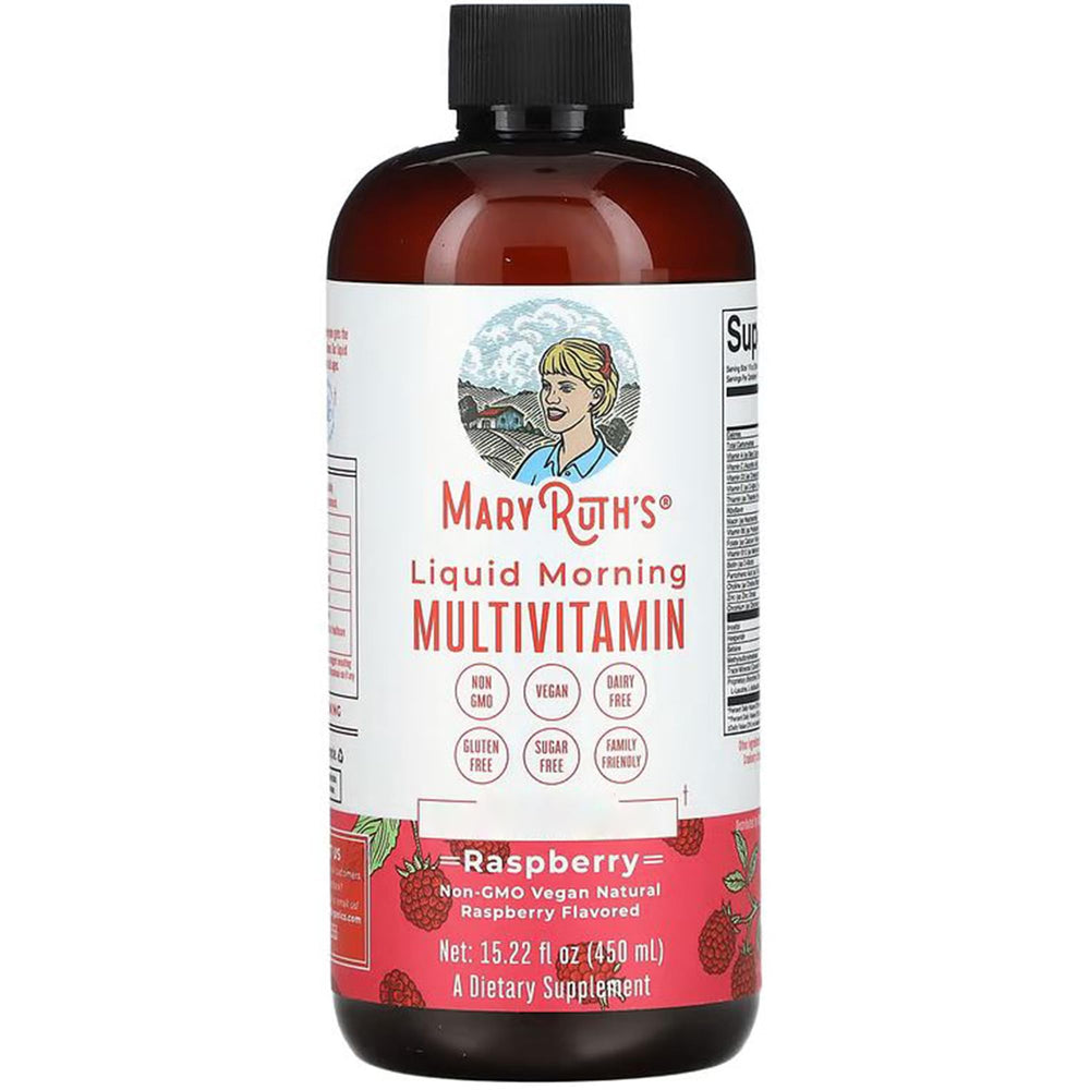 MaryRuth Organics liquid multivitamin bottle pour supports daily nutrient intake for the whole family.