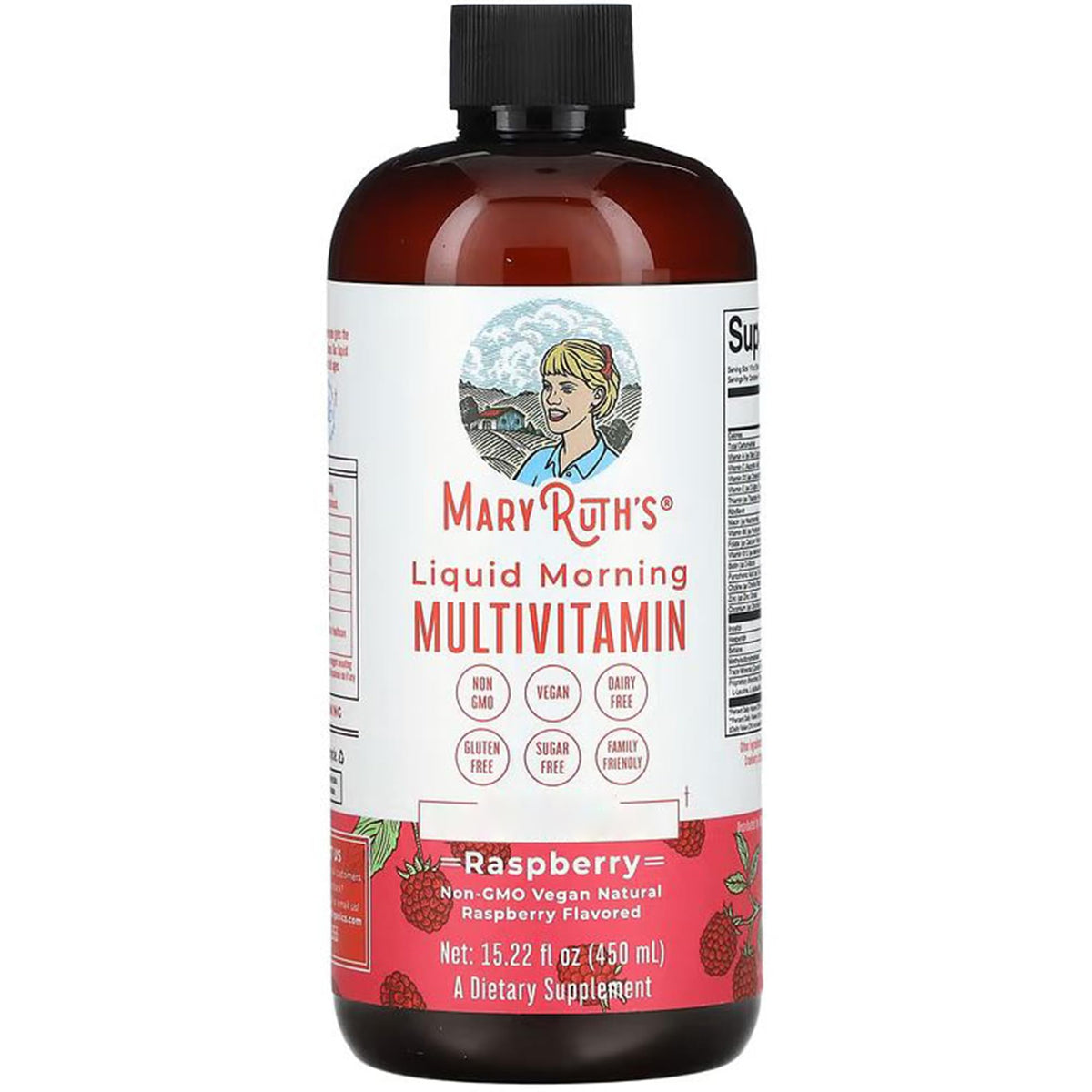 MaryRuth Organics liquid multivitamin bottle pour supports daily nutrient intake for the whole family.