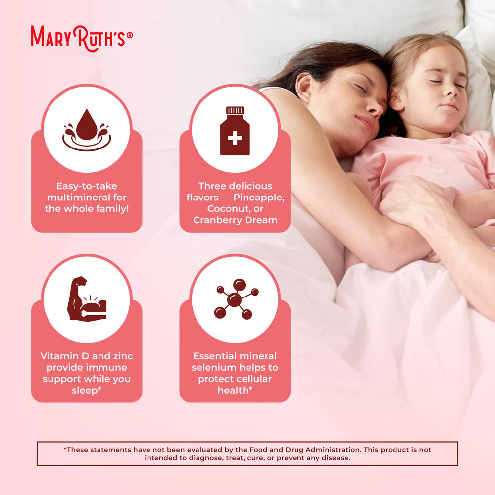 MaryRuth Organics Liquid Nighttime Multimineral ingredients label highlights minerals.