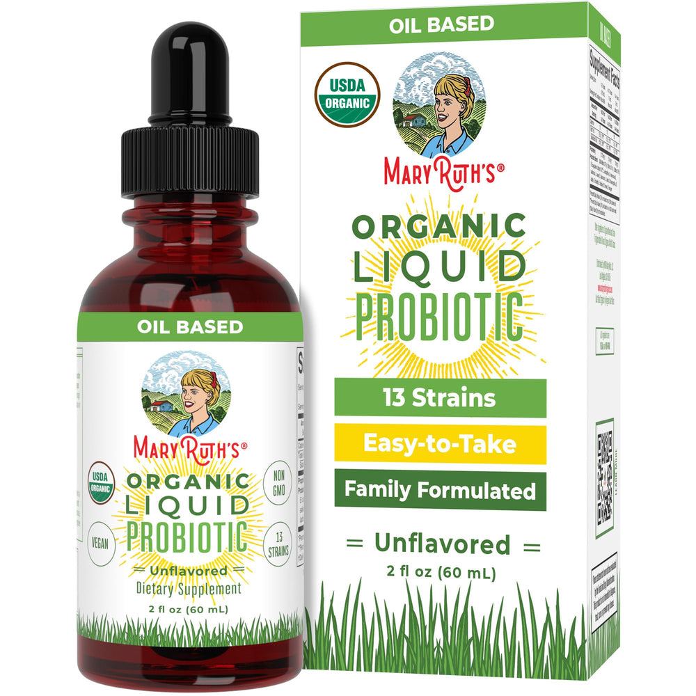 The MaryRuth Organics Liquid Probiotic bottle front view highlights digestive support.