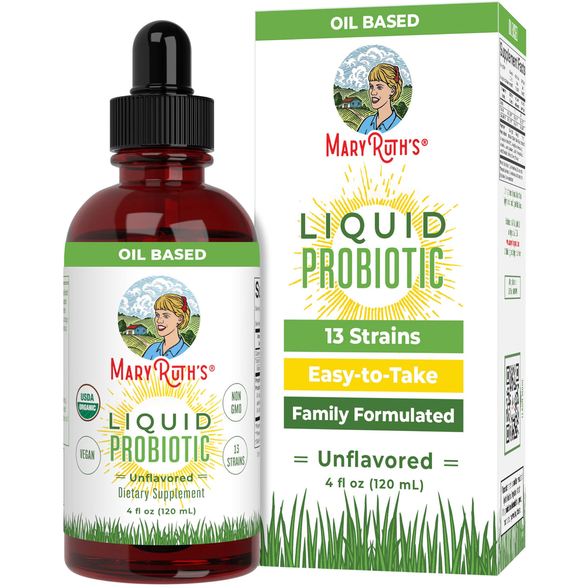 MaryRuth Organics liquid probiotic bottle supporting gut health and convenient family use.
