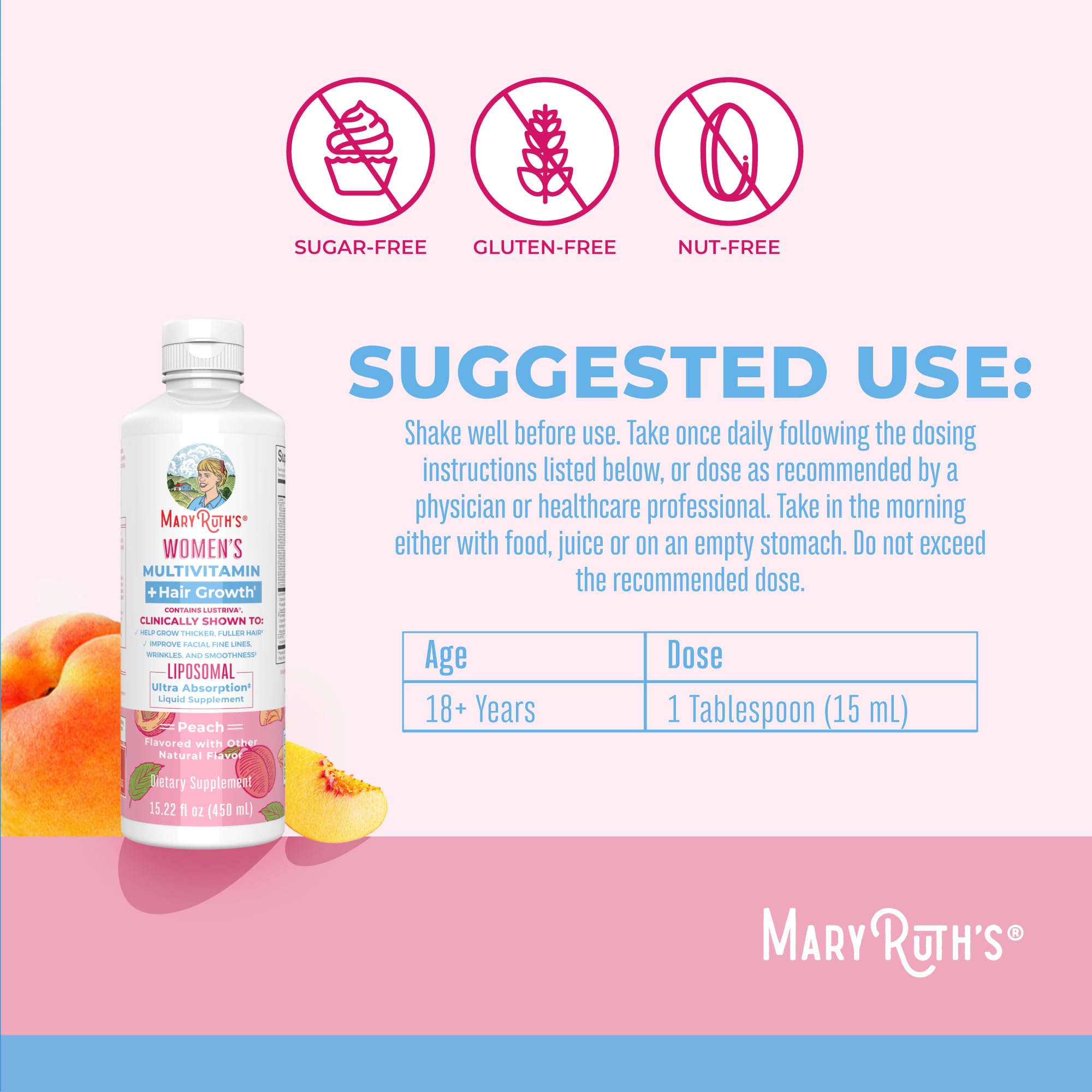 Lustriva liposomal label close-up with peach flavor mention