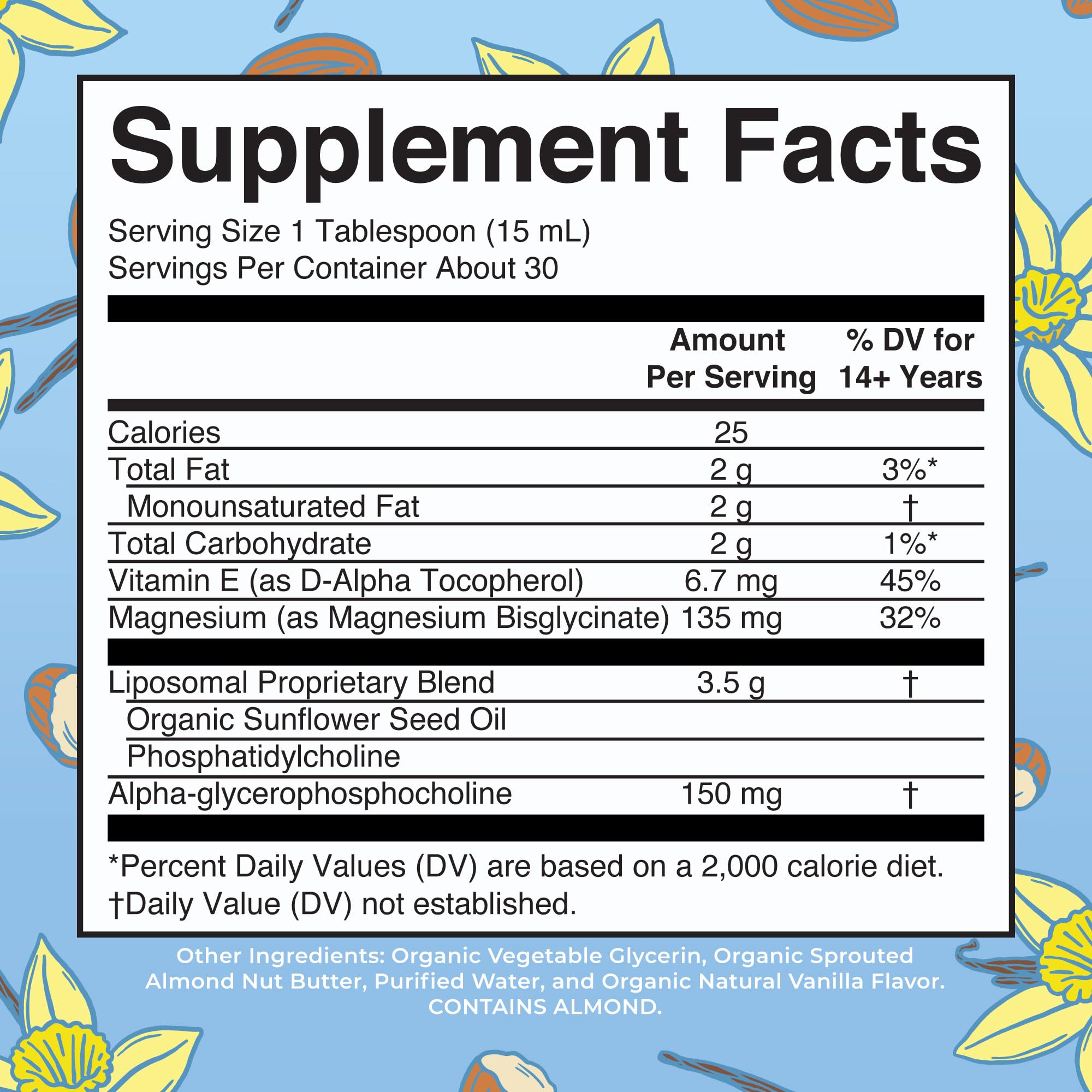 Label of MaryRuth Organics Magnesium Liposomal highlighting ingredients and serving size