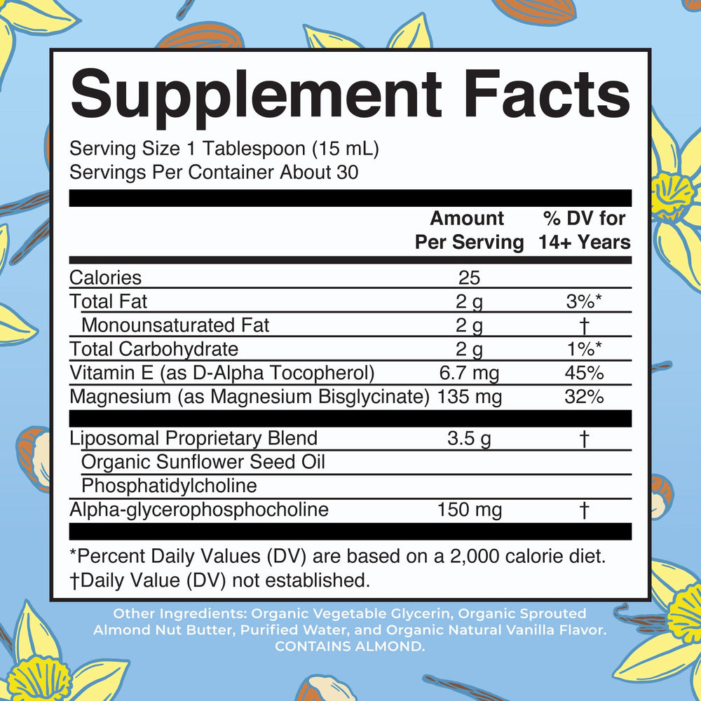 Label of MaryRuth Organics Magnesium Liposomal highlighting ingredients and serving size