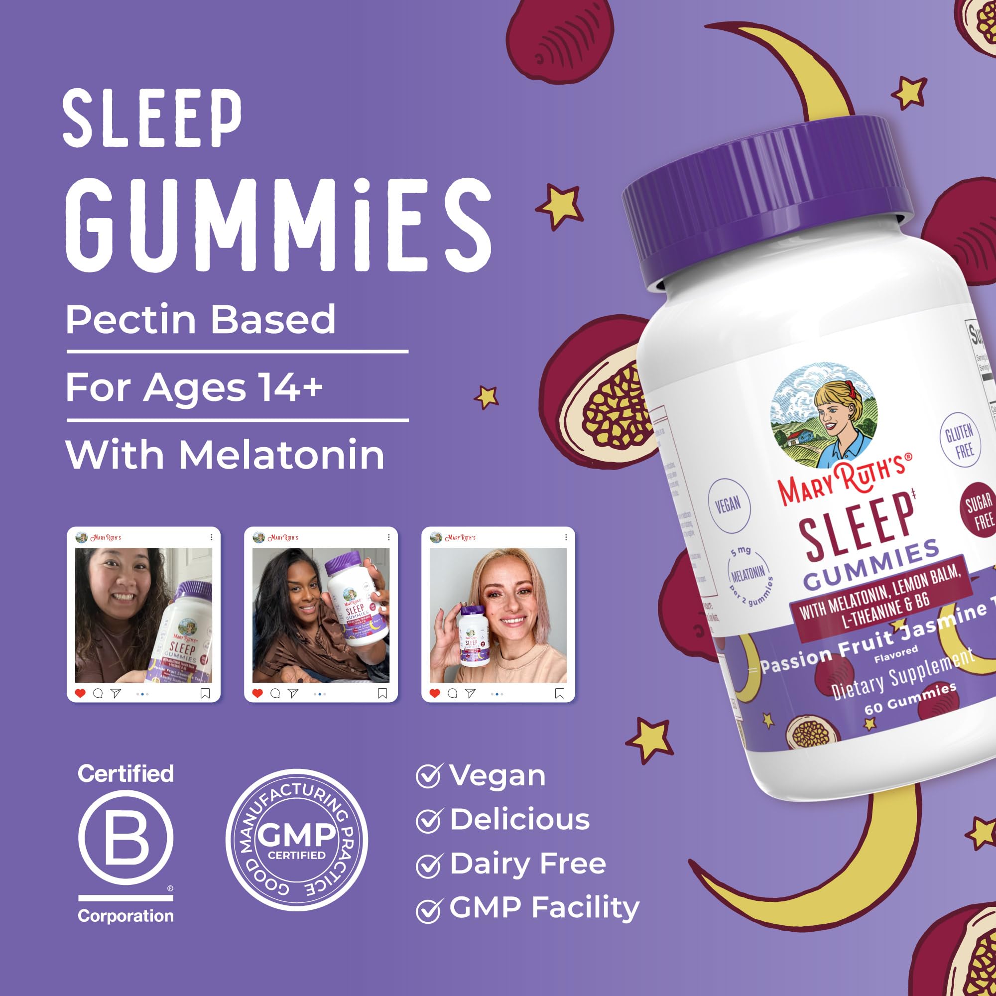 MaryRuth Organics non-GMO, gluten-free sleep gummy with clean ingredients.