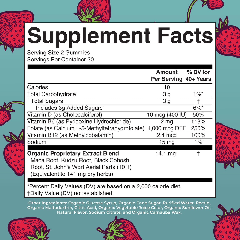MaryRuth Organics Organic Menopause Gummies bottle back reveals ingredients and vegan formula.