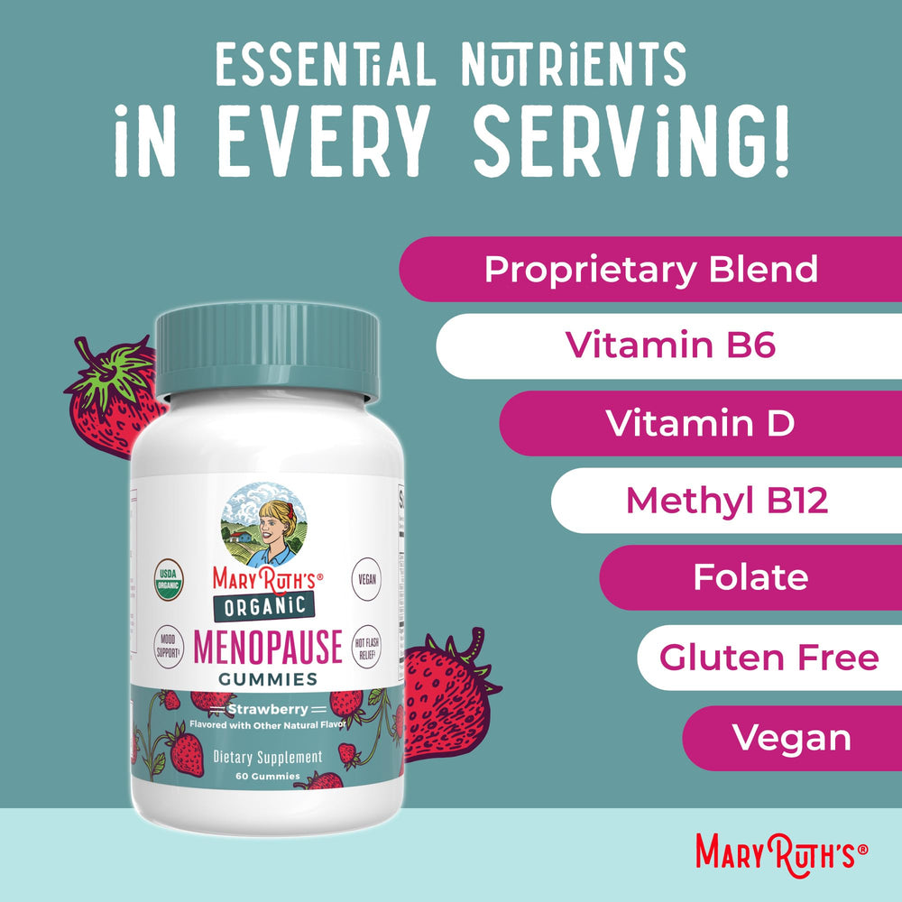 MaryRuth Organics Organic Menopause Gummies bottle shows two-serving guidance for daily use.