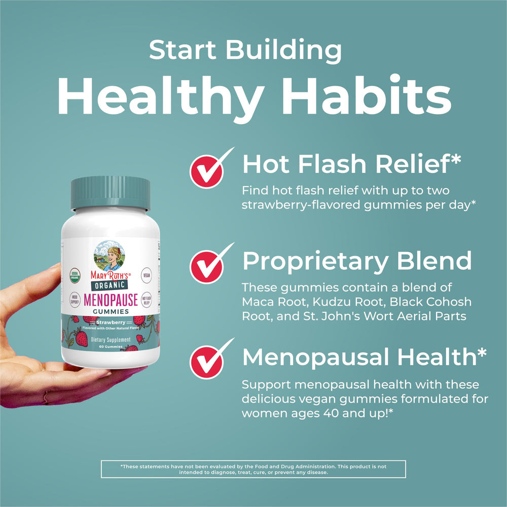 MaryRuth Organics Organic Menopause Gummies packaging scene shows ingredients and plant-based base.