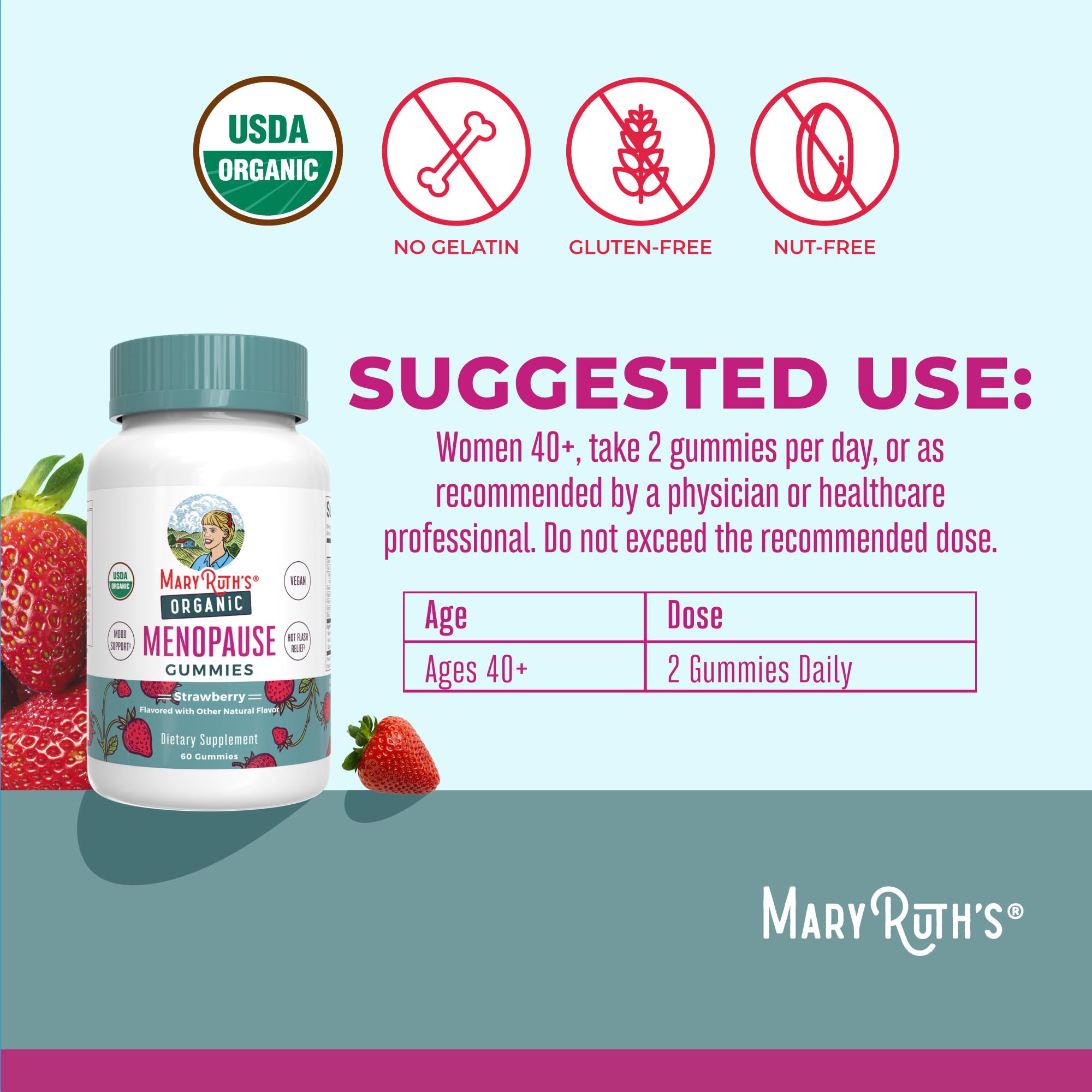 MaryRuth Organics Organic Menopause Gummies closeup label highlights USDA Organic and non-GMO.