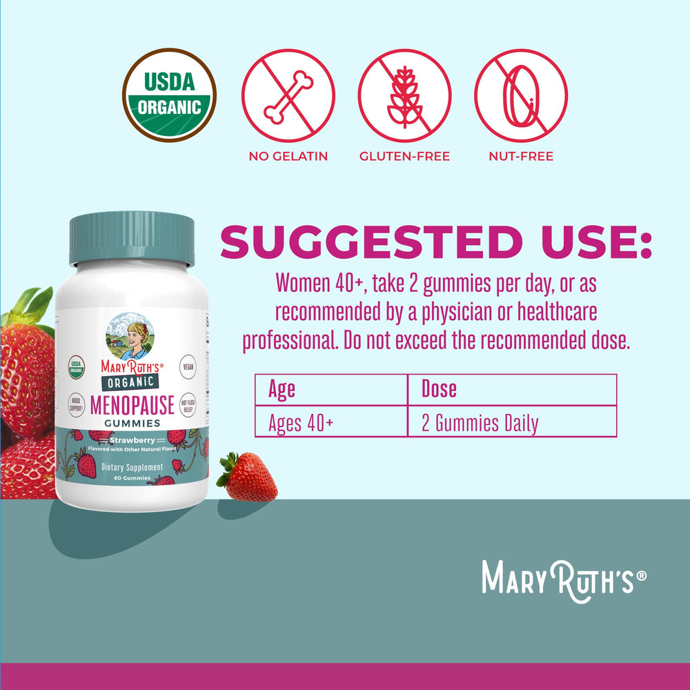 MaryRuth Organics Organic Menopause Gummies closeup label highlights USDA Organic and non-GMO.