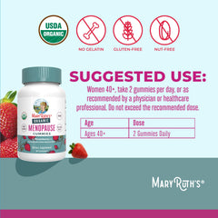 MaryRuth Organics Organic Menopause Gummies closeup label highlights USDA Organic and non-GMO.