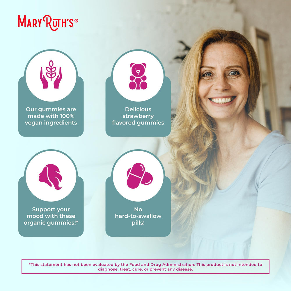 MaryRuth Organics Organic Menopause Gummies packaging information with vegan and organic attributes.