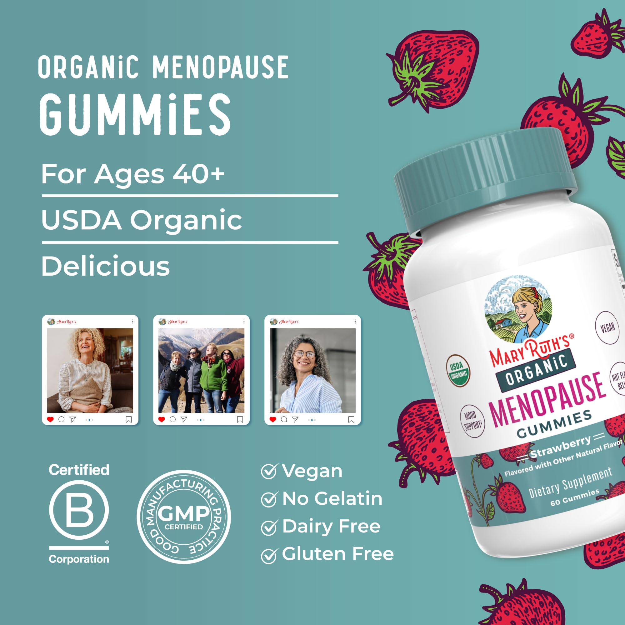 MaryRuth Organics Organic Menopause Gummies on a shelf highlights vegan organic non-GMO status.