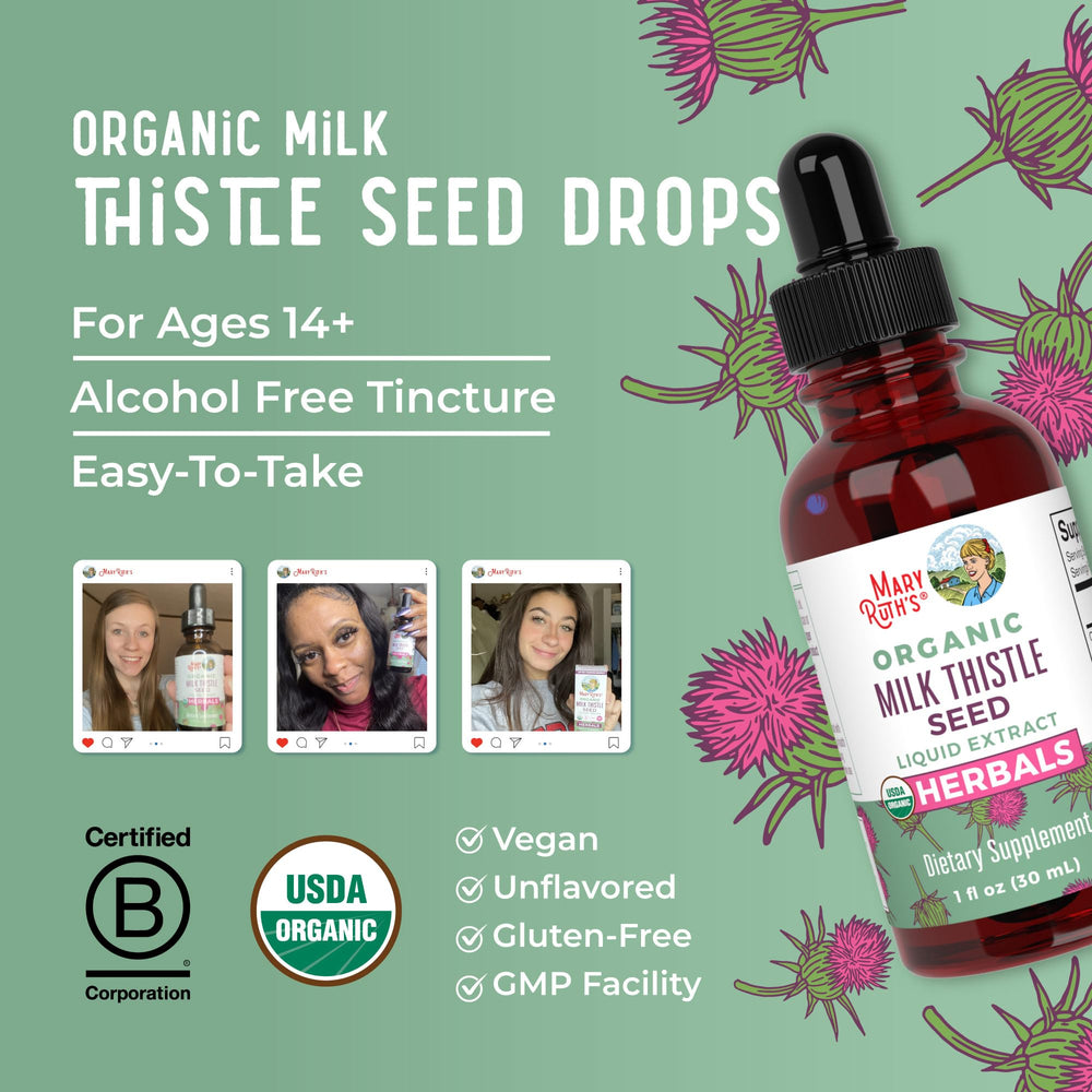 MaryRuth Milk Thistle Drops vegan, non-GMO label on packaging
