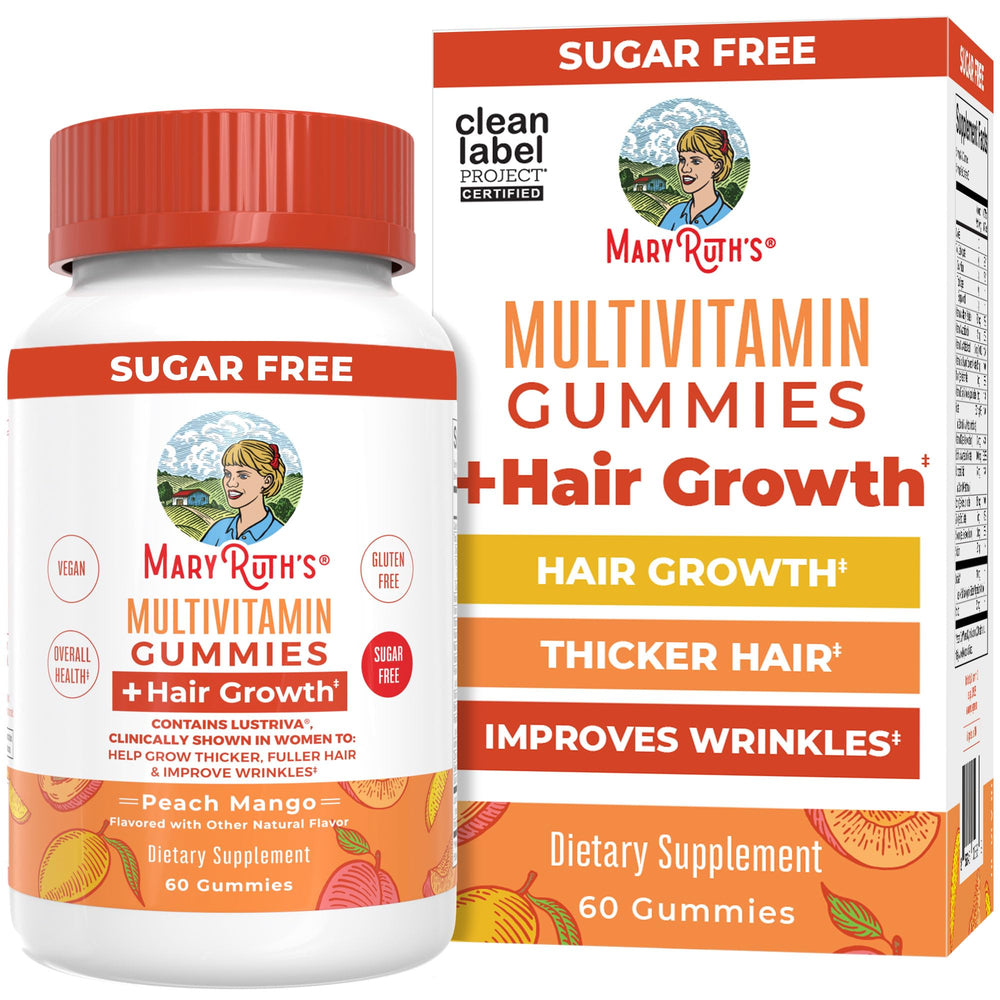 MaryRuth Organics multivitamin hair growth gummies bottle promoting hair thickness