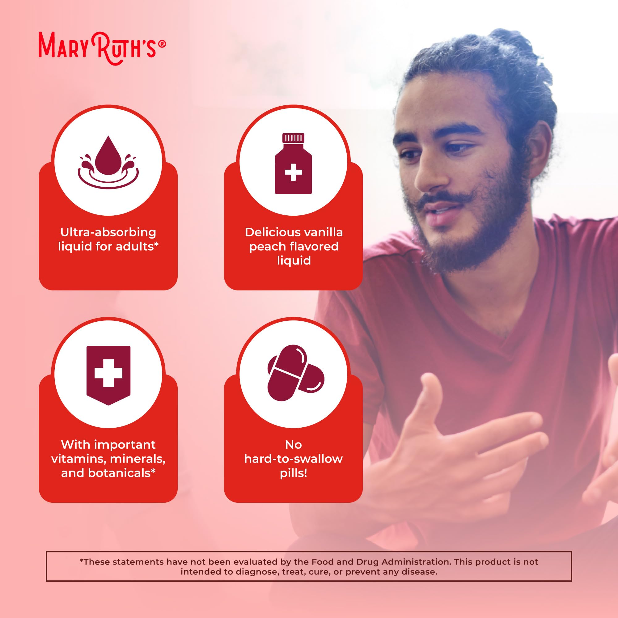 MaryRuth Organics multivitamin-men packaging closeup highlights vegan, non-GMO commitments.