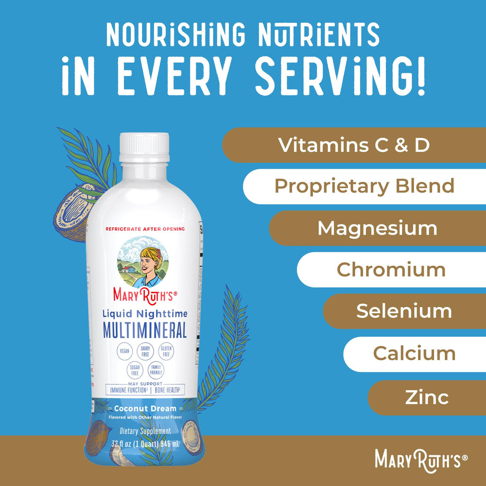 MaryRuth Organics Nighttime Multimineral bottle on nightstand for convenient nightly use