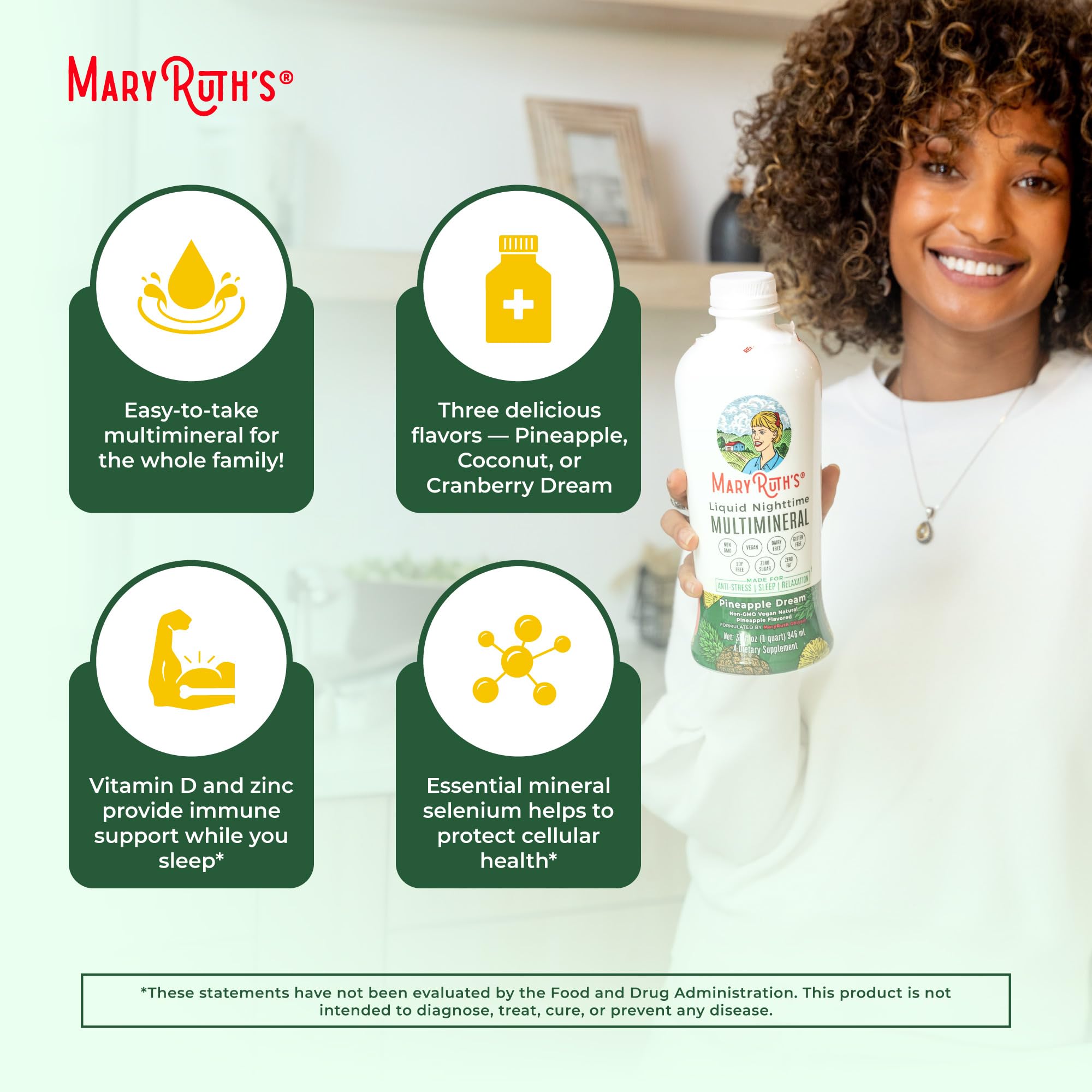 MaryRuth Organics Nighttime Multimineral bottle and dropper showing easy serving size