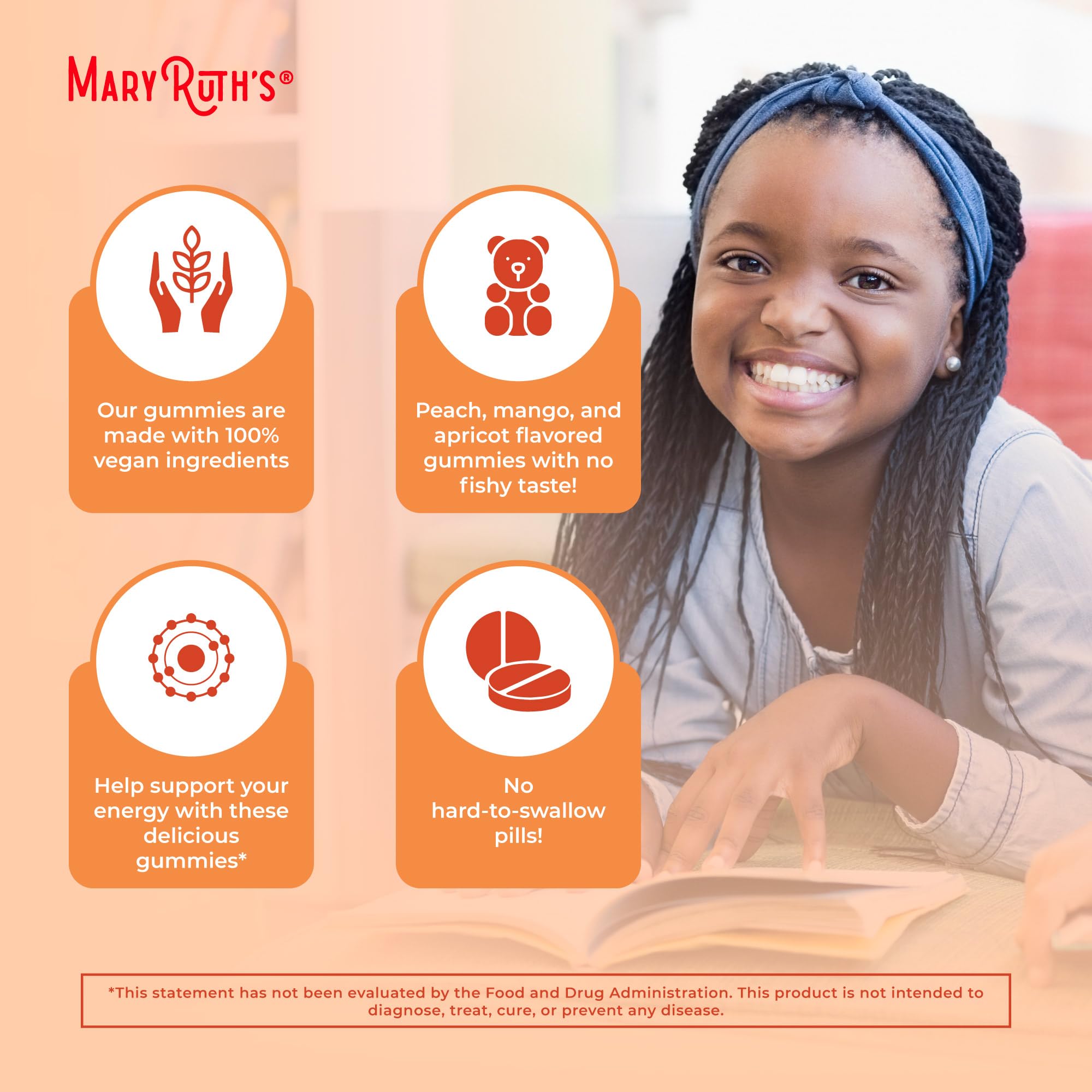 MaryRuth Organics gummies with no fish taste, a plant-based alternative.