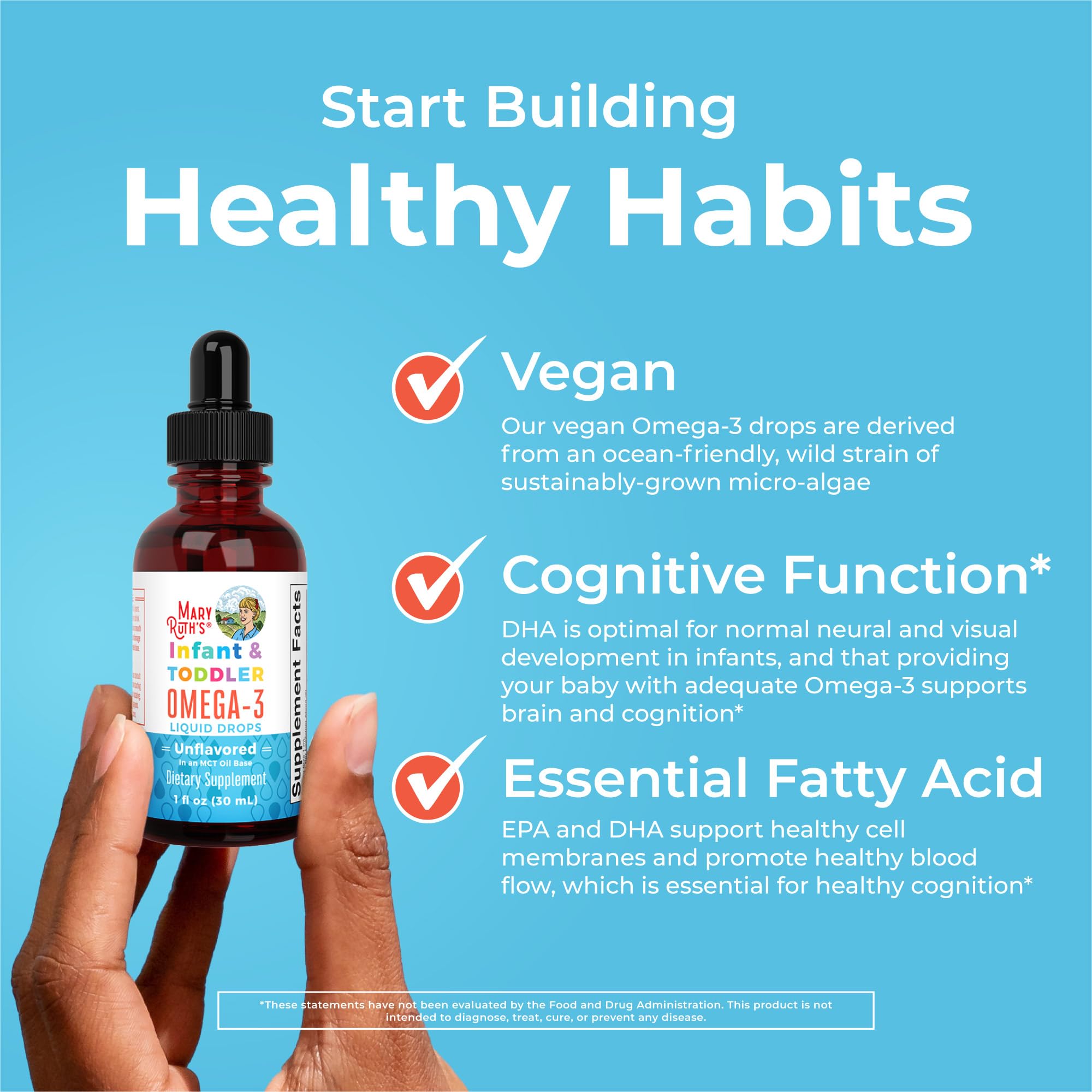 Dropper releasing measured omega-3 drops from MaryRuth bottle.