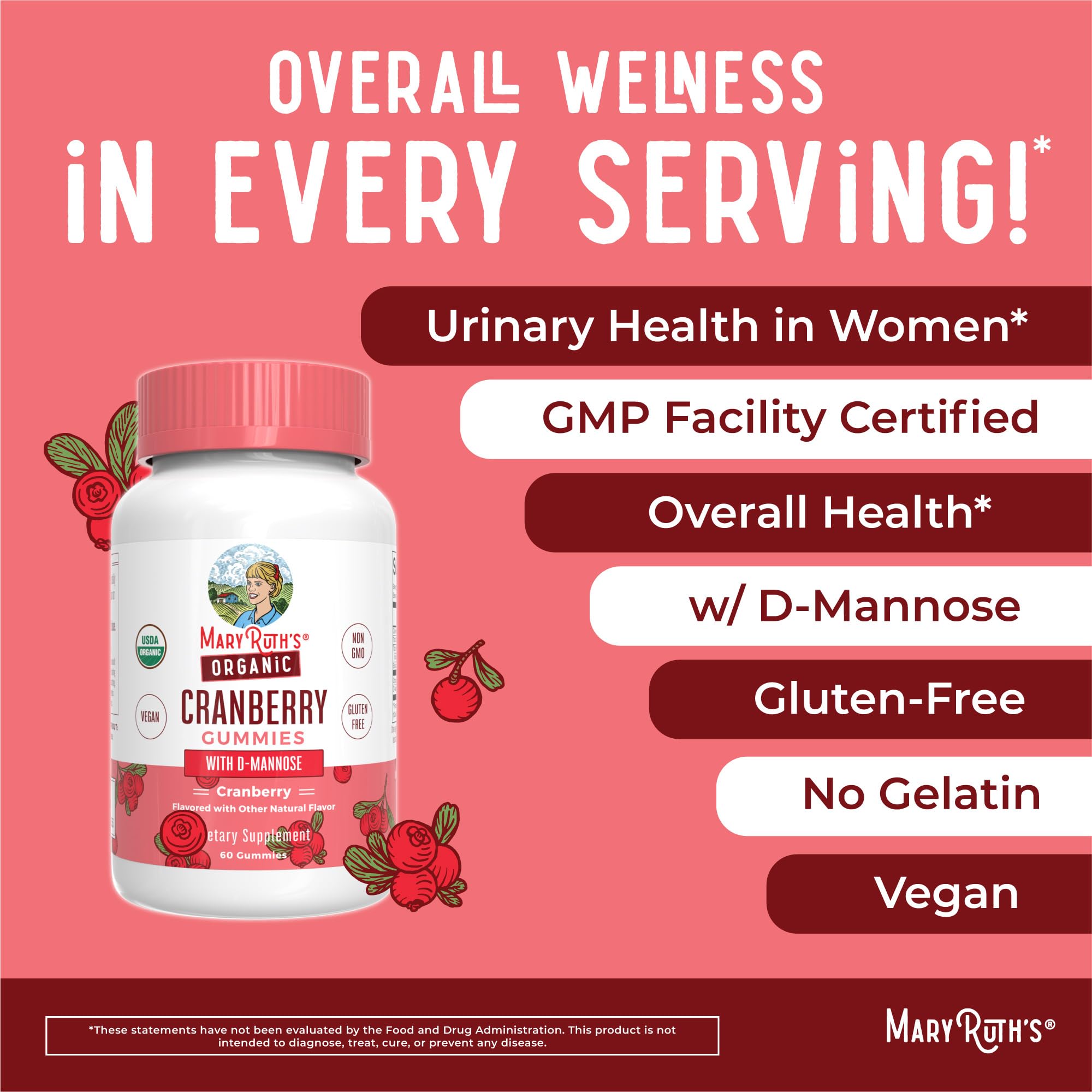 MaryRuth Organics Cranberry Gummies packaging with USDA Organic seal.