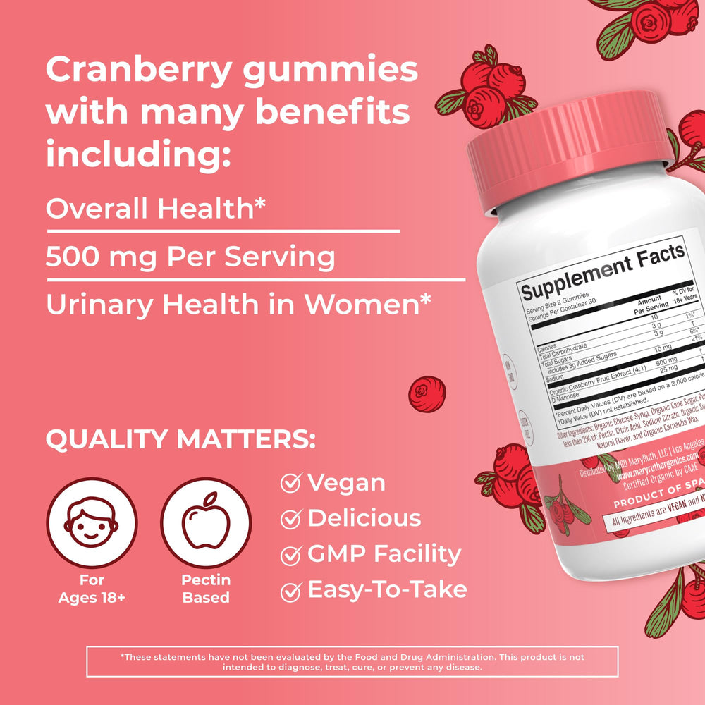 MaryRuth Organics Cranberry Gummies ingredients panel highlights cranberry extract and D-Mannose.