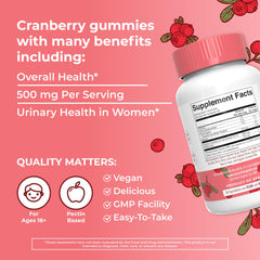 MaryRuth Organics Cranberry Gummies ingredients panel highlights cranberry extract and D-Mannose.