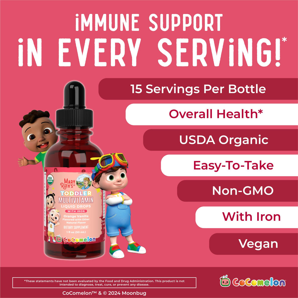 MaryRuth Organics organic sugar-free toddler supplement packaging.