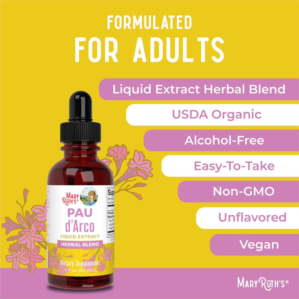 MaryRuth Organics PAU D'Arco blend bottle label—vegan, non-GMO, gluten-free.