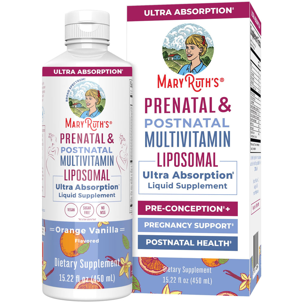 MaryRuth Organics Prenatal Liposomal bottle supports prenatal nutrition.