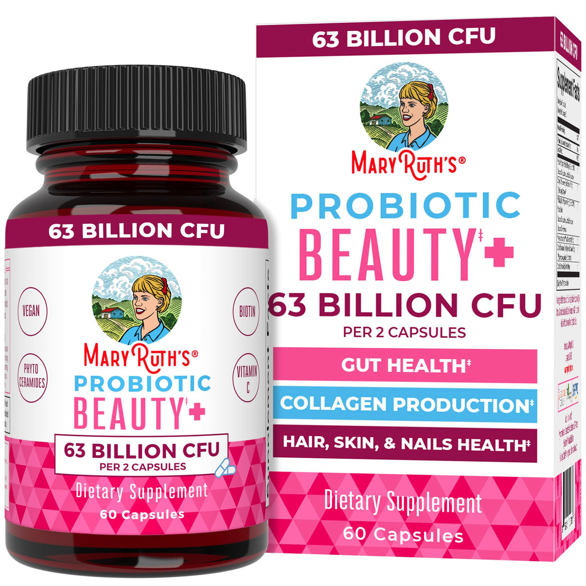 MaryRuth Organics probiotic beauty capsules bottle front supports daily beauty from within.