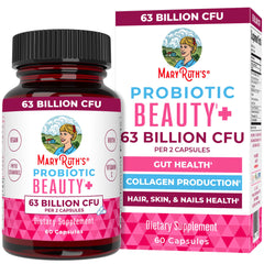 MaryRuth Organics probiotic beauty capsules bottle front supports daily beauty from within.