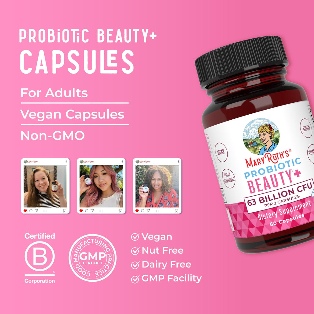 MaryRuth Organics probiotic beauty capsules vegan label highlights dairy-free and allergen-conscious.