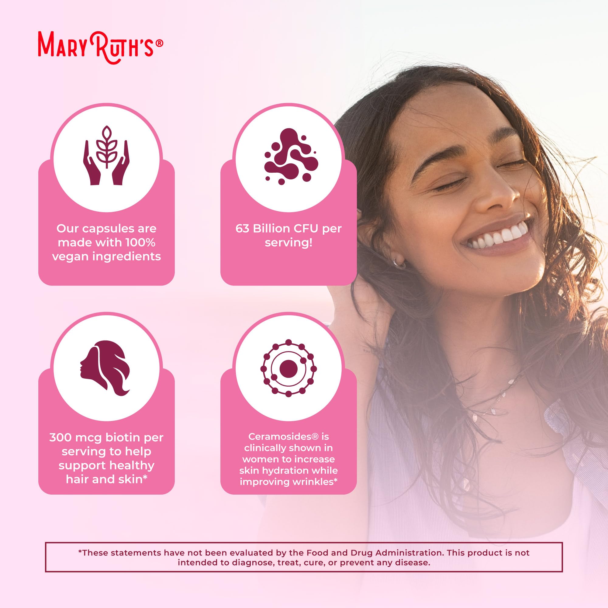 MaryRuth Organics probiotic beauty capsules vitamin C icon signals collagen support.
