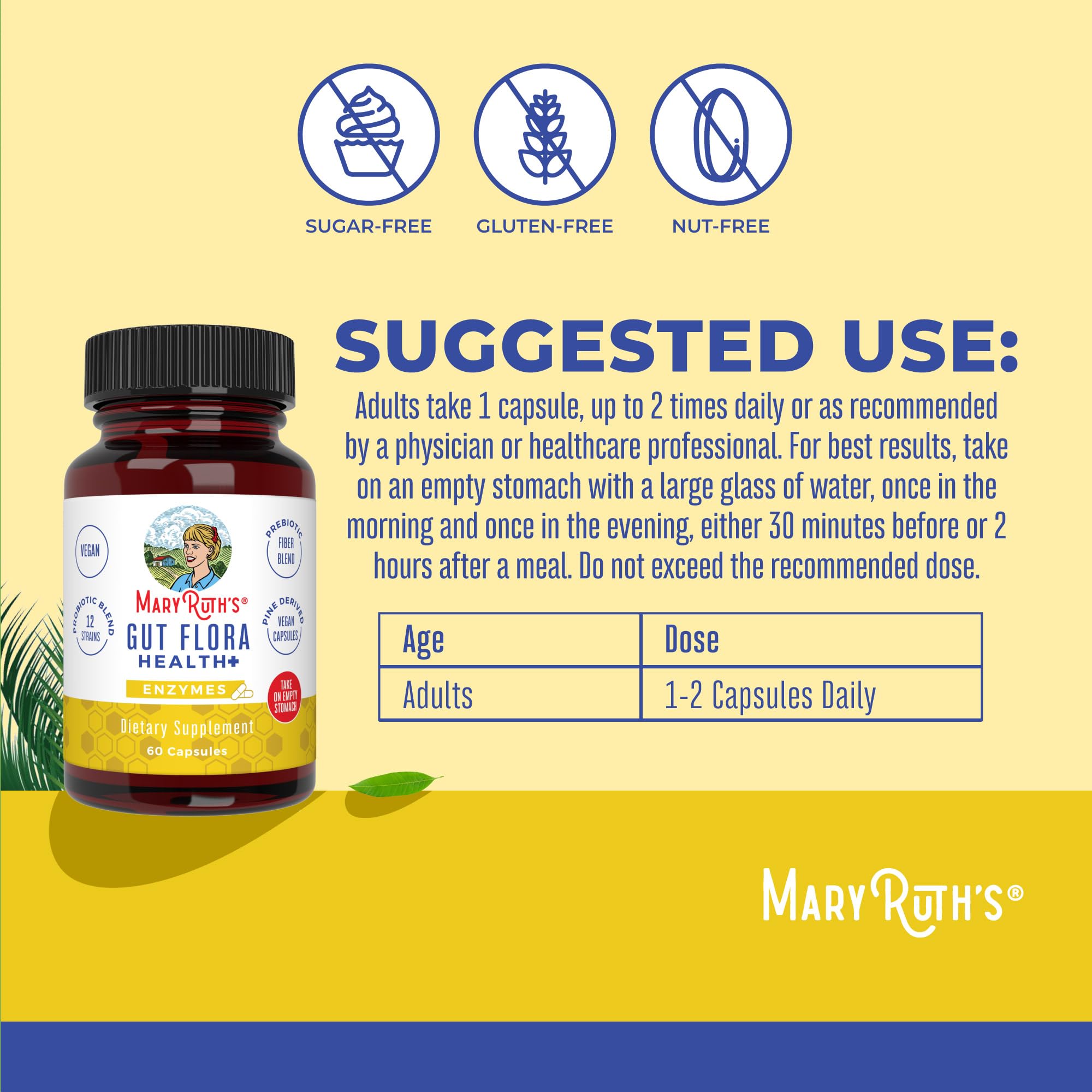 MaryRuth Organics probiotic blend label focus; supports healthy microbiome balance and bowel comfort.