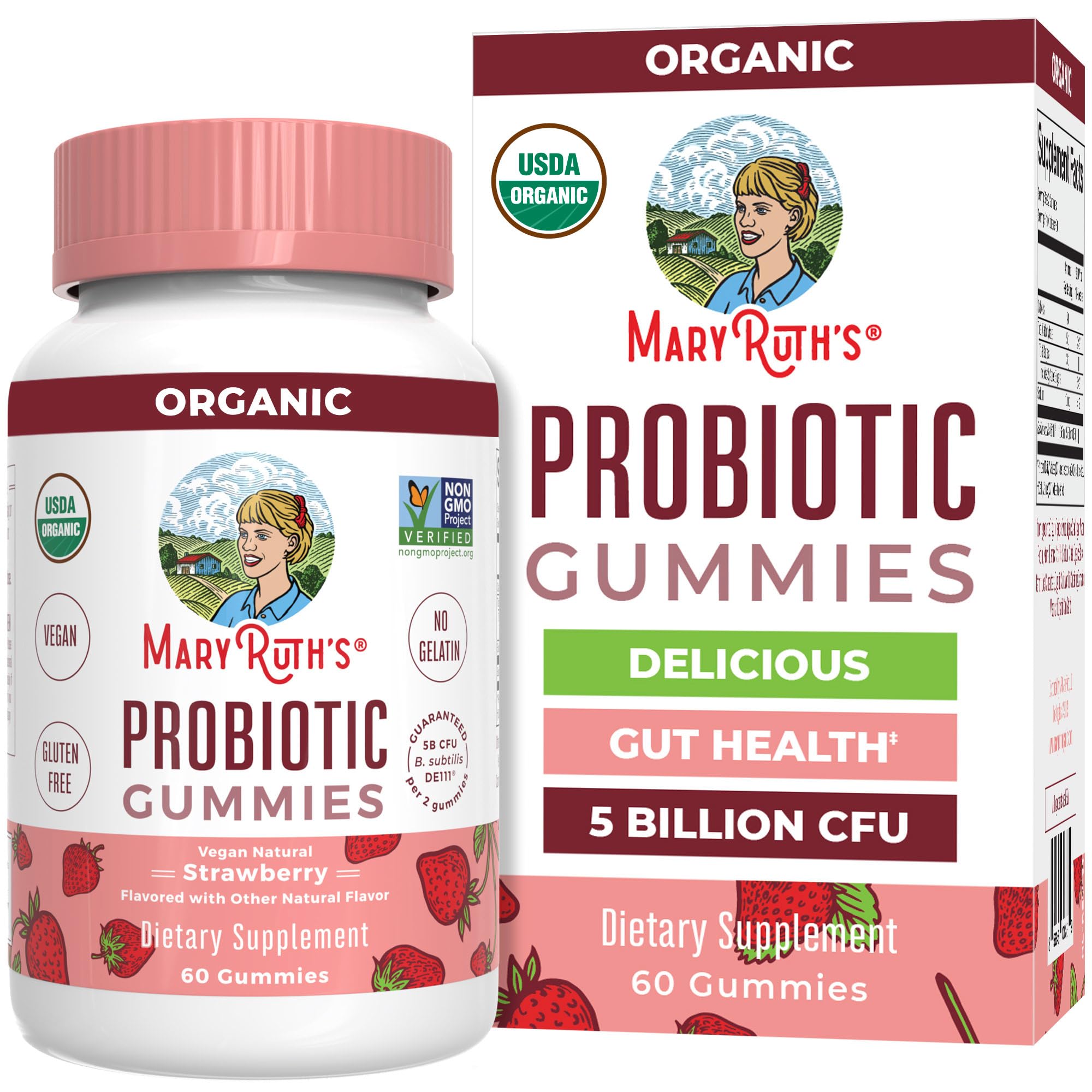 MaryRuth Organics strawberry probiotic gummies in a jar for daily digestion support.